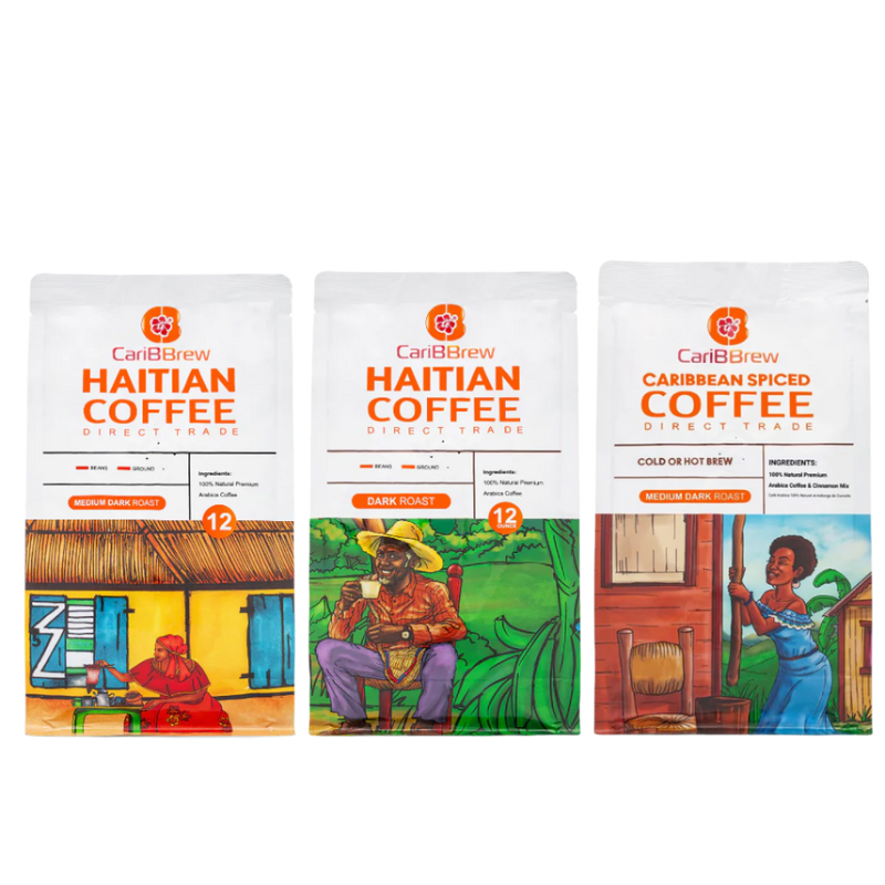 three types of carribean coffee roast medium, dark and spiced coffee
