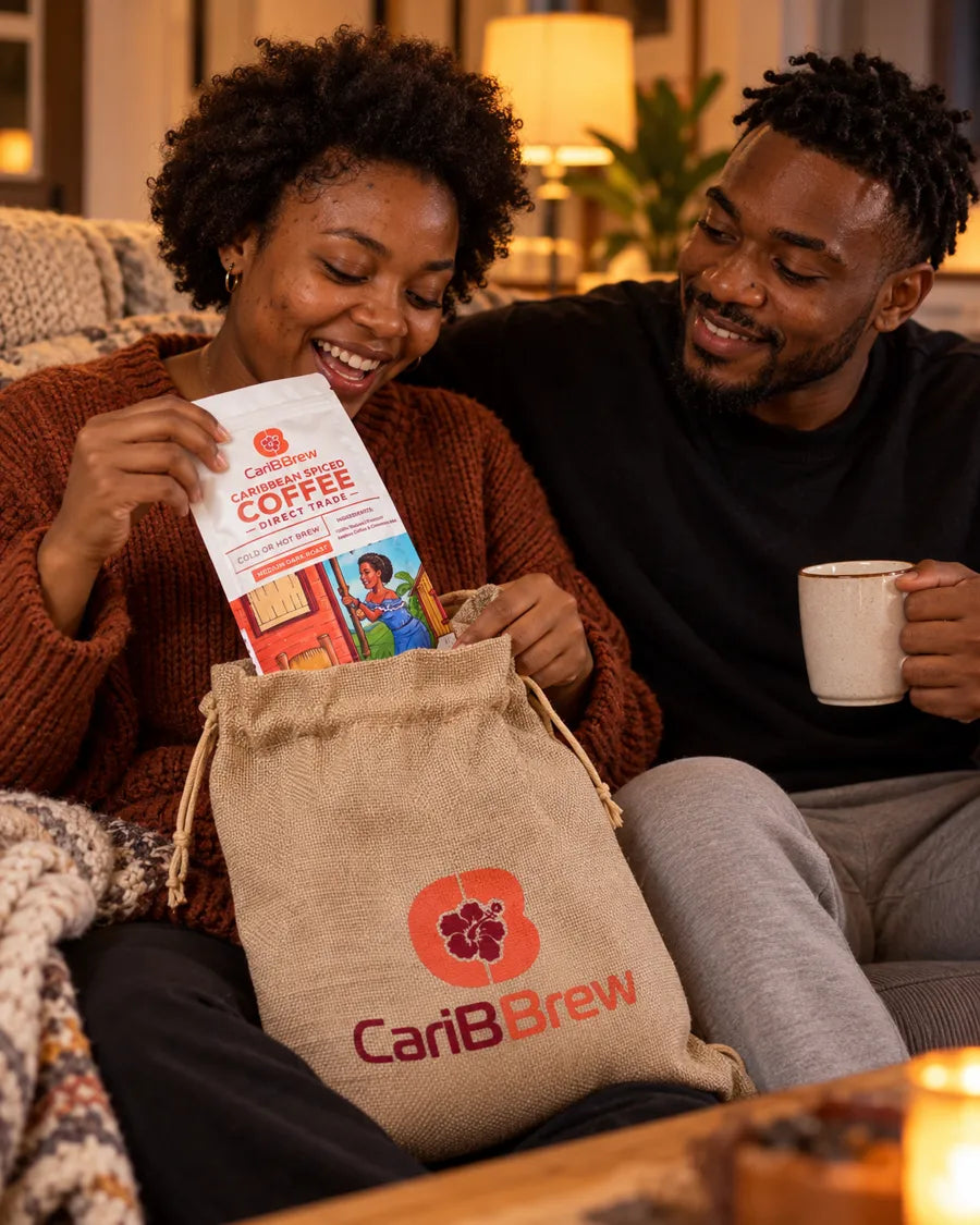 Couple opening a Caribbrew gift bag together