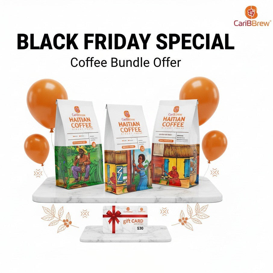 Black Friday Special coffee bundle offer with CaribBrew branding, featuring coffee packages and a gift card on a white background.