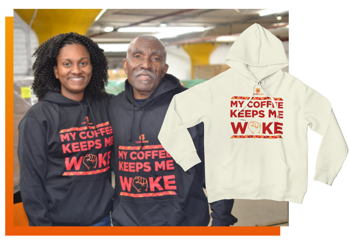 a woman and a oldman wearing black tshirt. the tshirt say My Coffee Keeps Me Woke