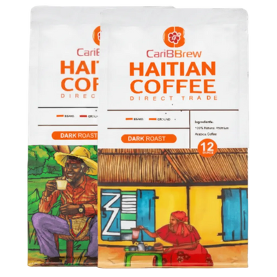 CariBBrew Haitian Coffee Direct Trade package with colorful illustrations and text.