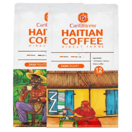 CariBBrew Haitian Coffee Direct Trade package with colorful illustrations and text.