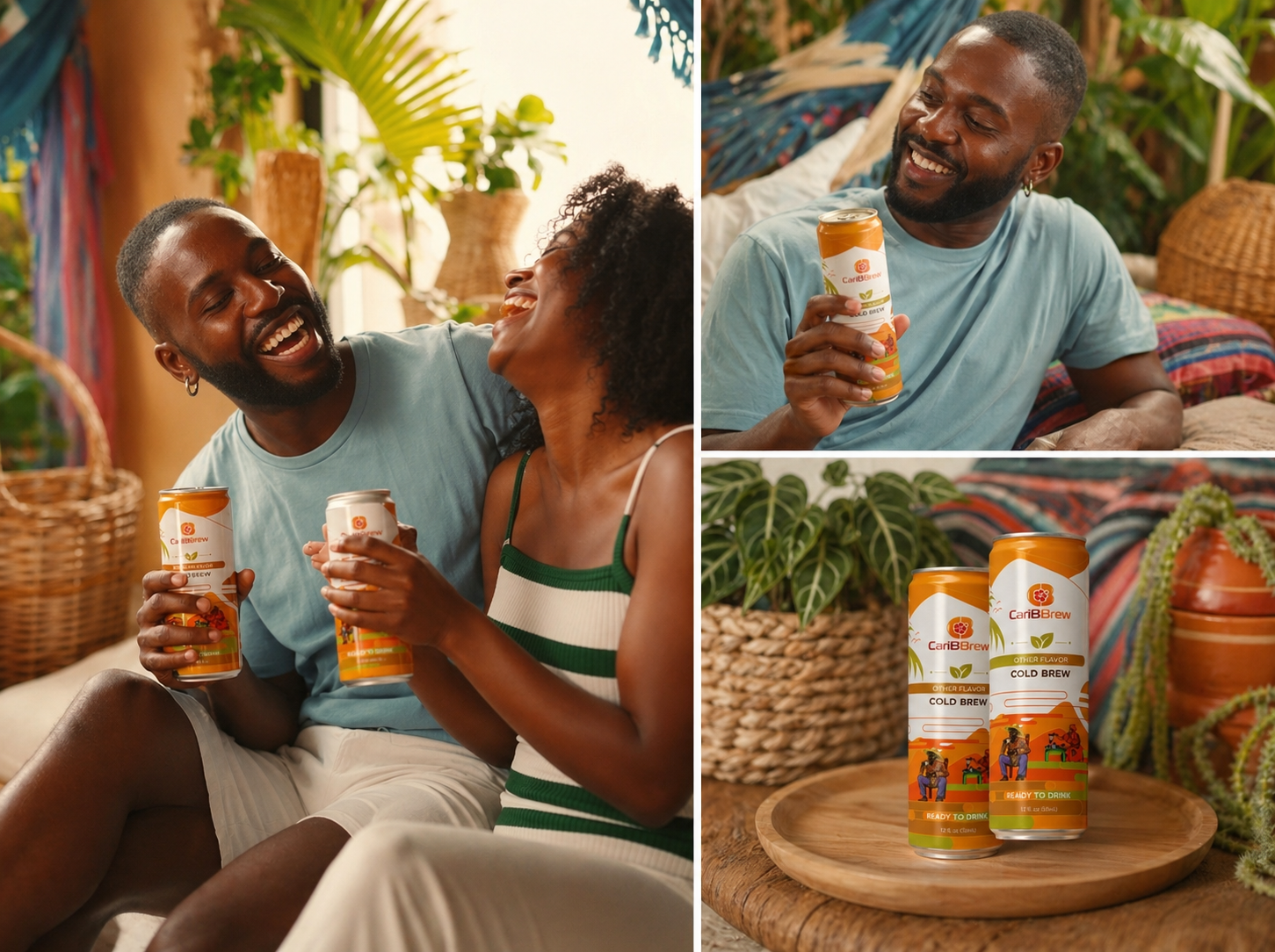 A couple smiling together, holding Caribbean Spiced Cold Brew cans in a warm, sunlit setting