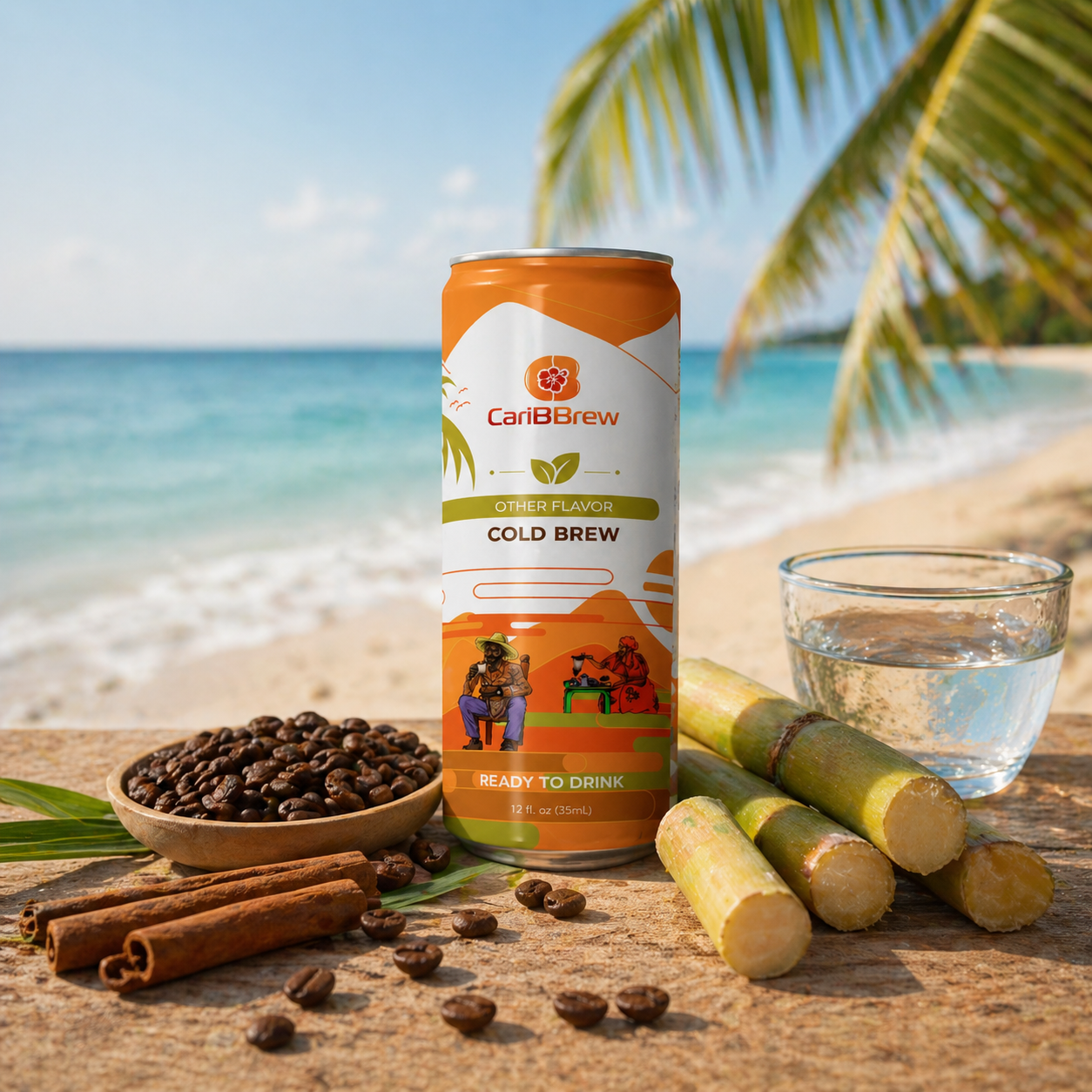 Caribbean Spiced Cold Brew ingredients — coffee beans, cinnamon sticks, star anise, cloves, and Chaga + Reishi mushrooms