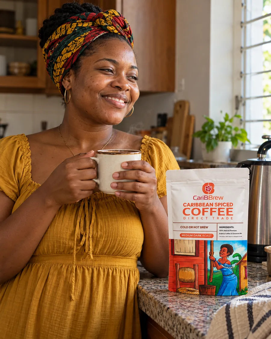 Woman in her kitchen holding a mug next to Caribbean Spiced Coffee
